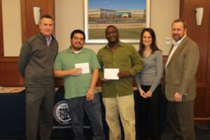 Pictured with the top four winning teams are Chrysler’s John Fox, Director, Dealer Training Shared Services; Kristin Bowler, Dodge and SRT Brand Training Manager; and Keith Yancy, Senior Manager, Creative Direction and Instructional Design from Chrysler Learning Academy. First Place: Kevin Pierre-Louis and Josue Melgar