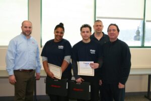 Pictured from left is Craig Stay, Snap-On Tools Account Manager with 1st Place  winners from Davies Career and Technical Center Savannah Monteiro and Jordan Vieira; Herb Gowdey, NEIT Automotive Instructor; and Bill Murphy, Automotive Teacher.