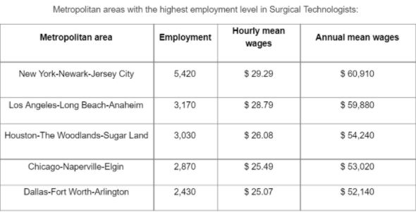 Metropolitan areas with the highest employment level in Surgical Technologist