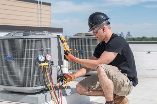 A technician working on an airconditioning unit