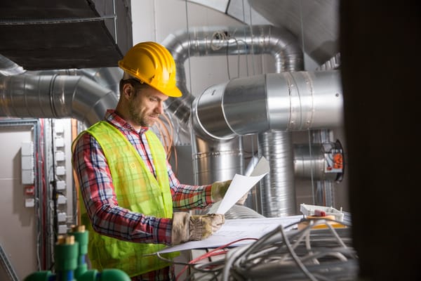 An HVAC  apprentice reading the blueprint of a climate control system
