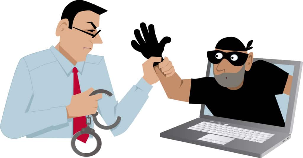 Cyber security specialist catching a thief coming out of a laptop, EPS 8 vector illustration