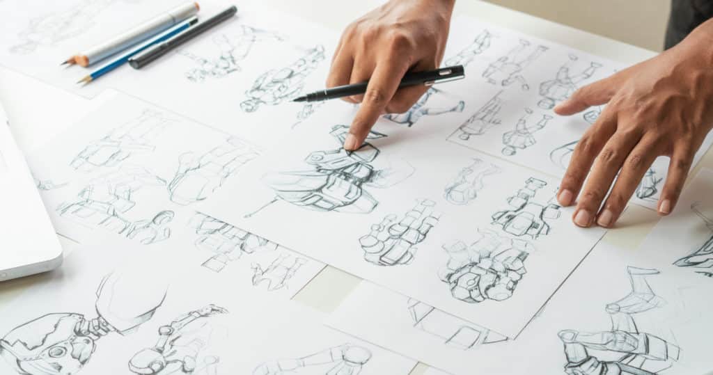 Animator designer Development designing drawing sketching development creating graphic pose characters sci-fi robot Cartoon illustration animation video game film production