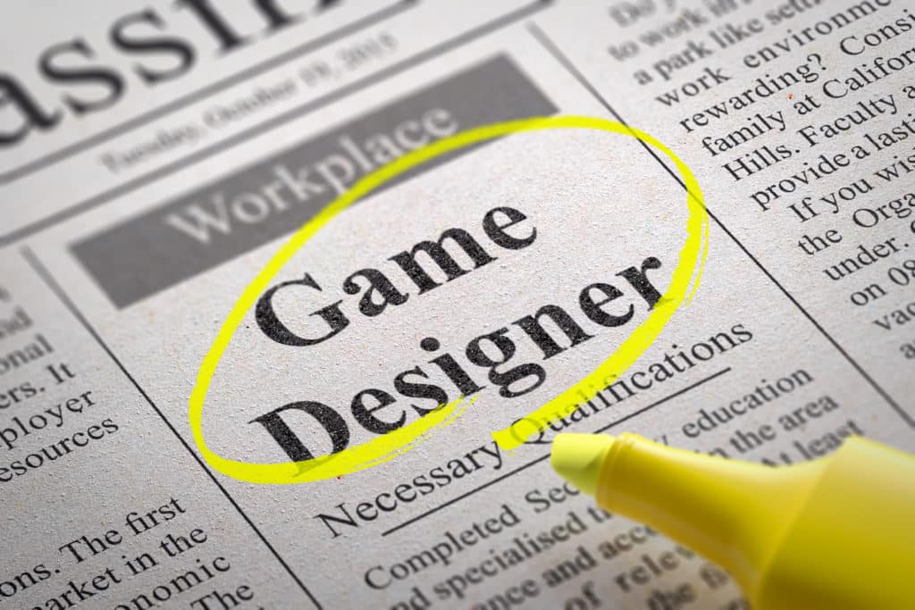 Game Designer Jobs in Newspaper. Job Search Concept
