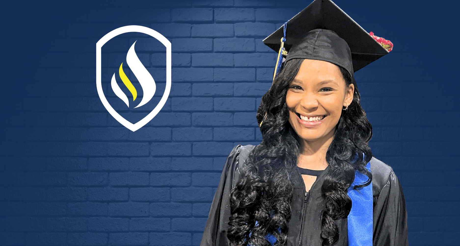 Portrait of Danisha Platt in graduation cap and gown with NEIT logo overlay